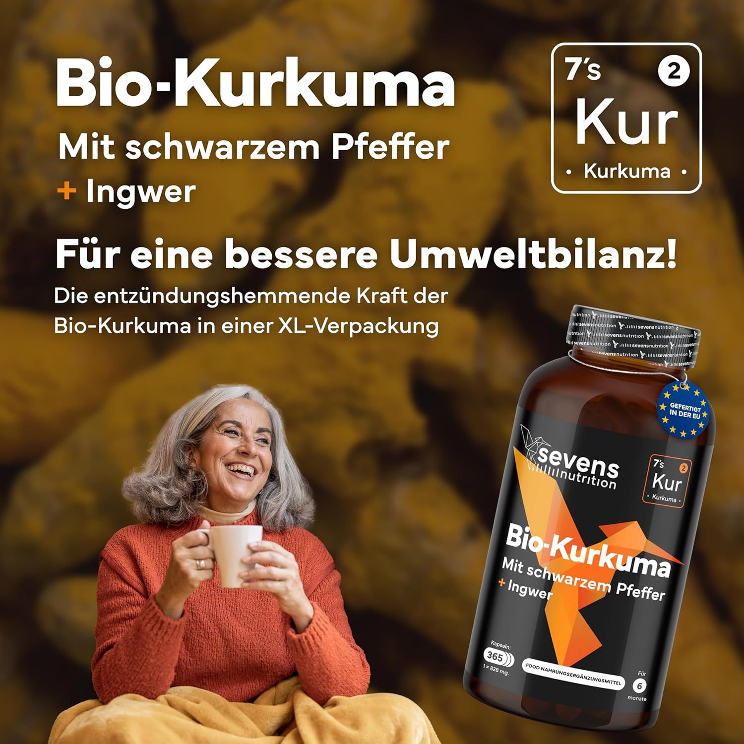 Frau mit Tasse neben einer Dose Bio-Kurkuma Kapseln (XL-Verpackung).