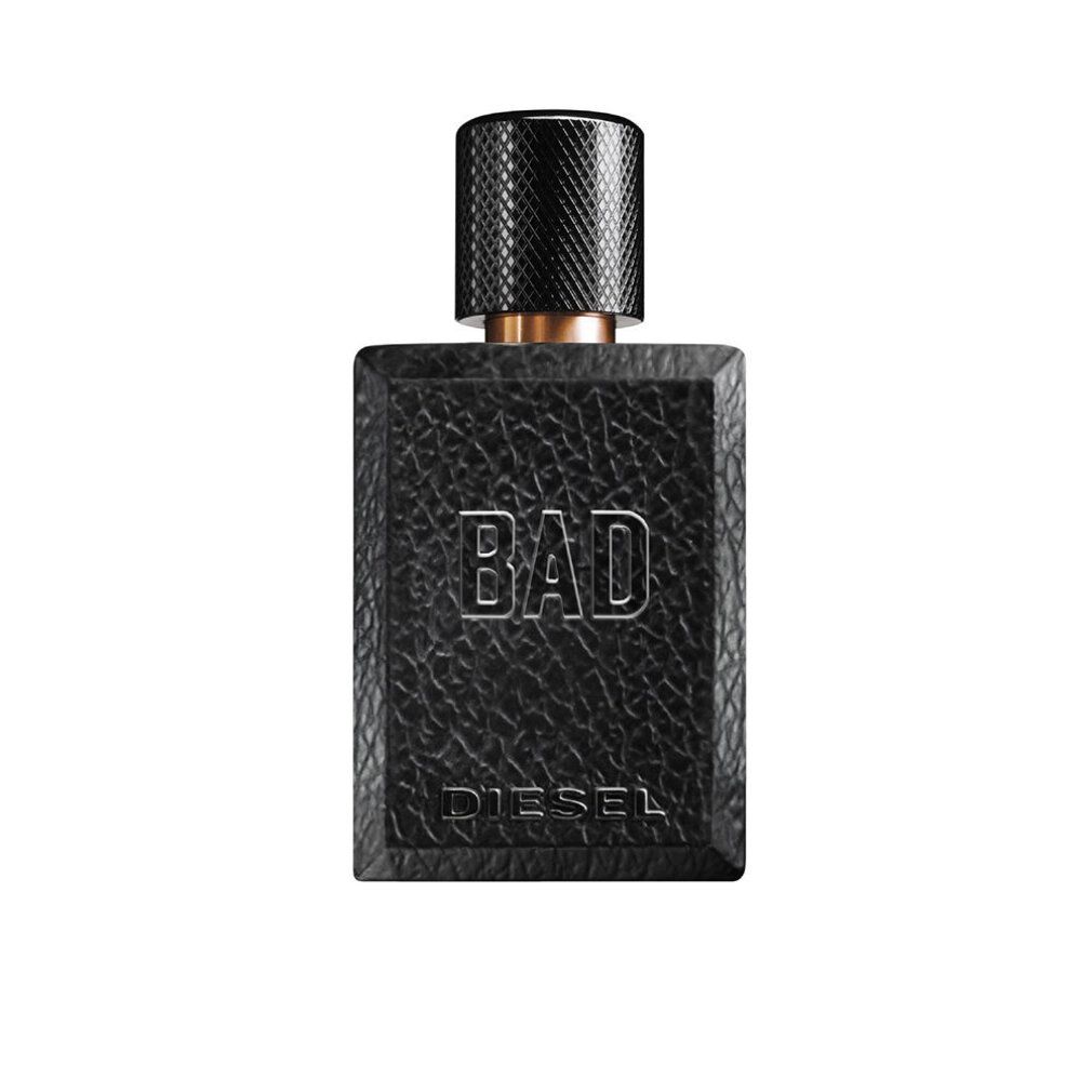 Schwarzer Flakon mit goldfarbenem Schriftzug "BAD" und "DIESEL". Schwarzer Verschluss.