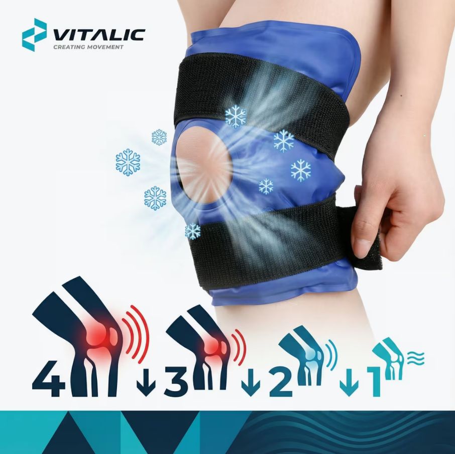 Blaues Kniegelpack mit schwarzen Gurten. VITALIC Logo. Illustrationen zur Anwendung.