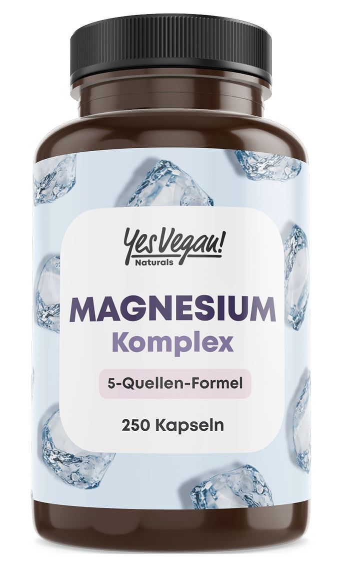Flasche Magnesium Komplex, 5-Quellen-Formel, 250 Kapseln. Mit Eiswürfel-Muster.
