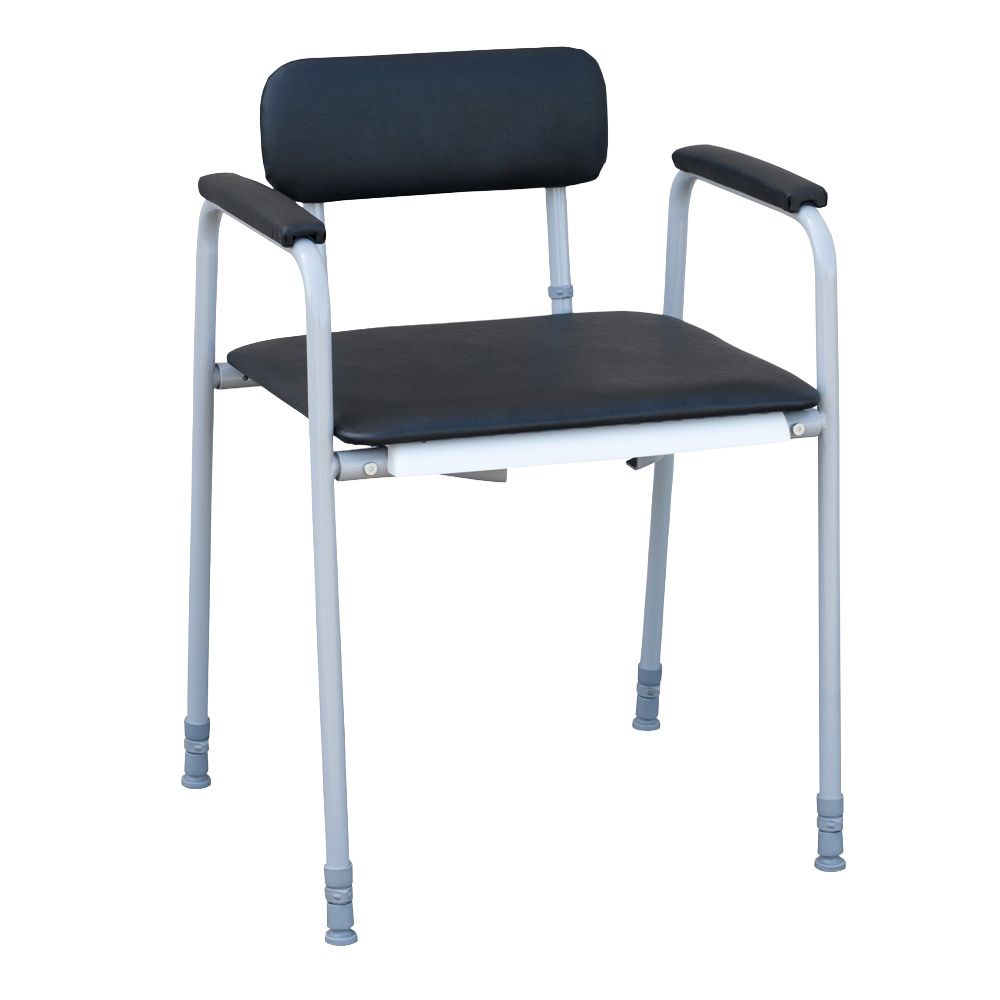 Toilettenstuhl mit Armlehnen und Rückenlehne. Sitzfläche und Rückenlehne schwarz gepolstert. Gestell aus Metall, höhenverstellbar.
