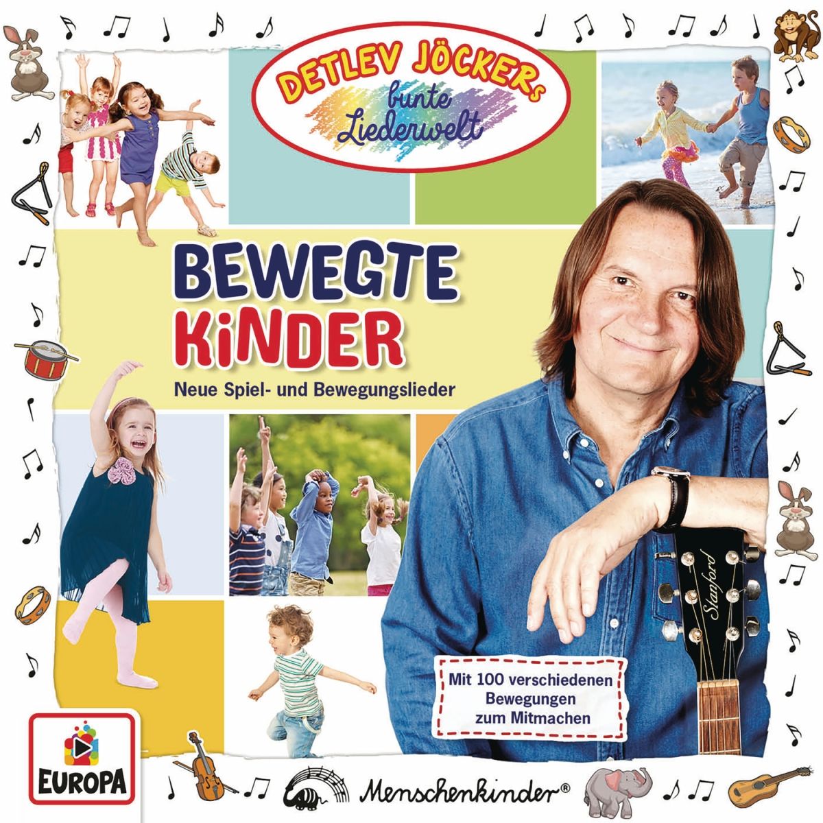 CD-Cover "Bewegte Kinder" mit Detlev Jöcker. Titel, Kinderabbildungen, Logo "Europa".