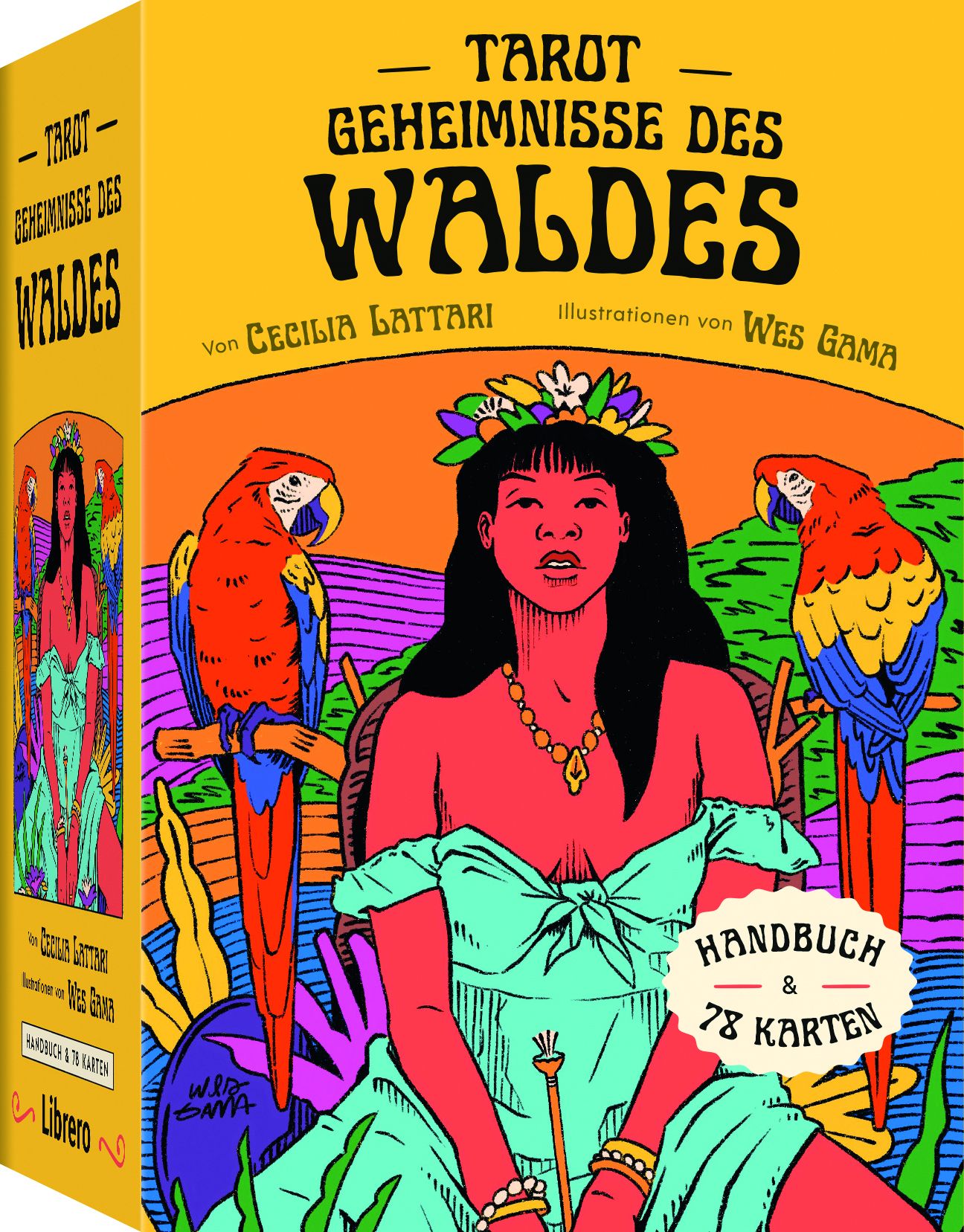 Tarot-Kartenset. Titel: Geheimnisse des Waldes. Illustrationen von Wes Gama. Enthält Handbuch & 78 Karten. Verpackung mit Illustrationen einer Frau und Papageien.