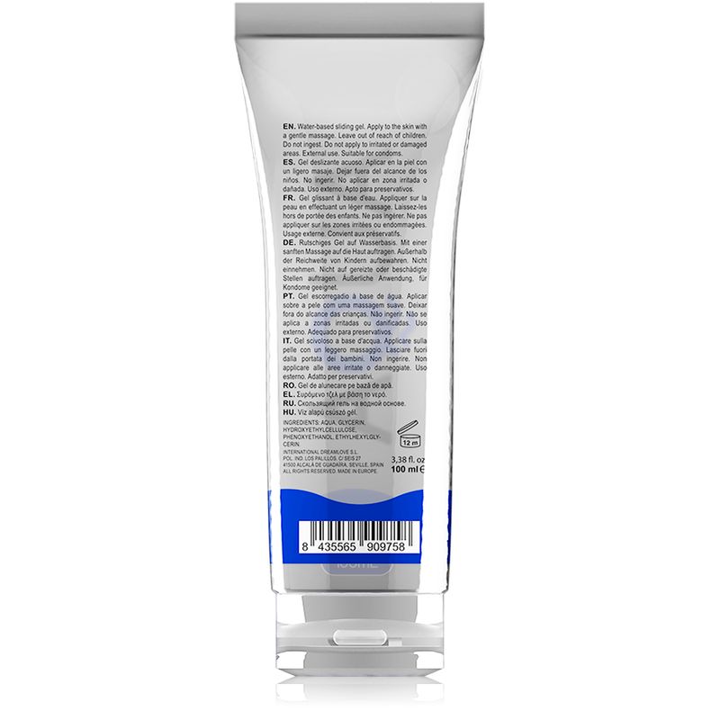 Rückseite einer AQUA Gleitcreme-Tube mit Anwendungshinweisen in mehreren Sprachen.
