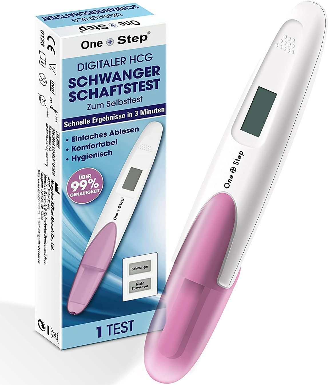 Digitaler Schwangerschaftstest mit Display. Verpackung und Testgerät. Anzeige "schwanger" oder "nicht schwanger".