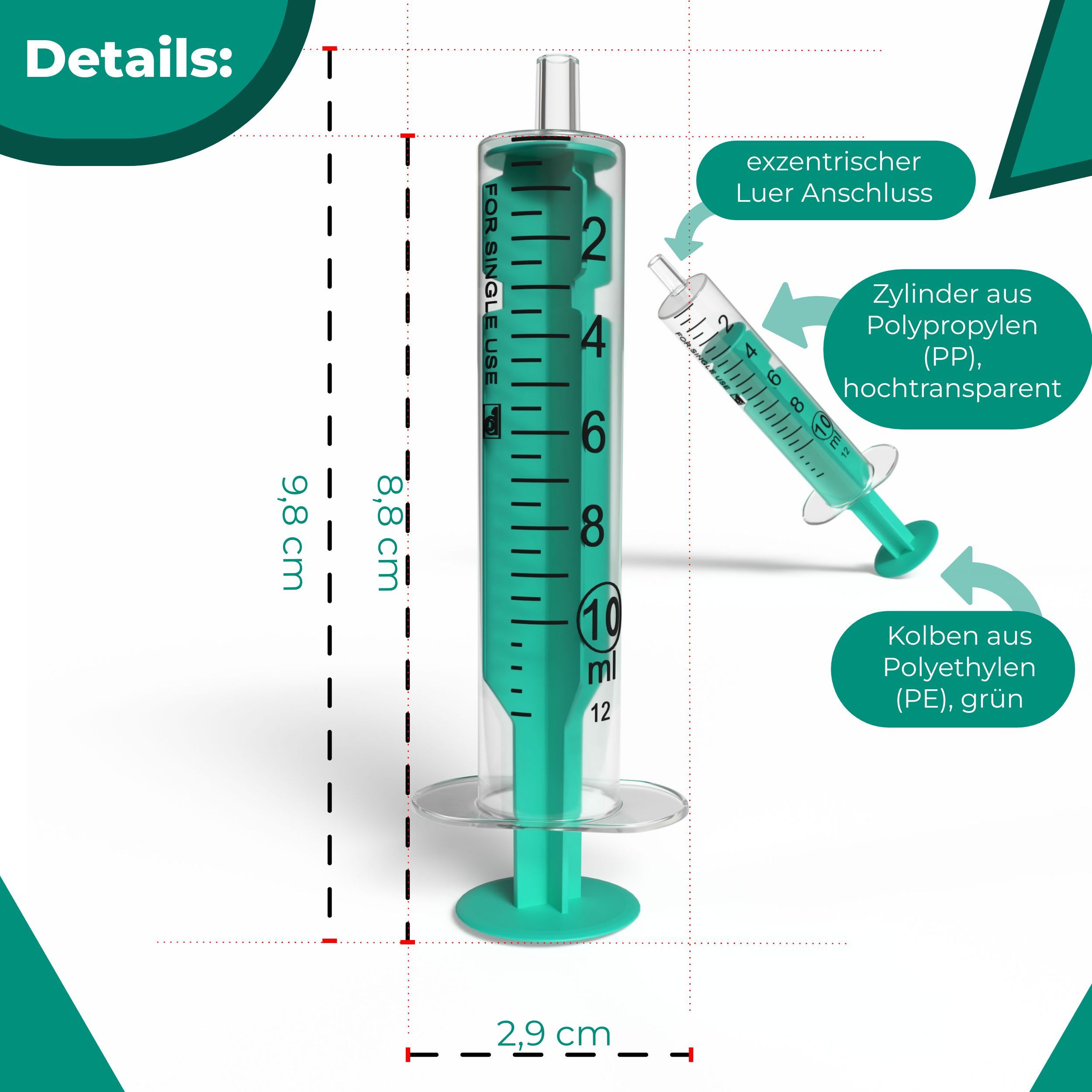 Transparente Spritze mit grünen Elementen. Skala bis 12 ml. Abmessungen: 9,8 x 2,9 cm. Beschriftung: "10 ml".