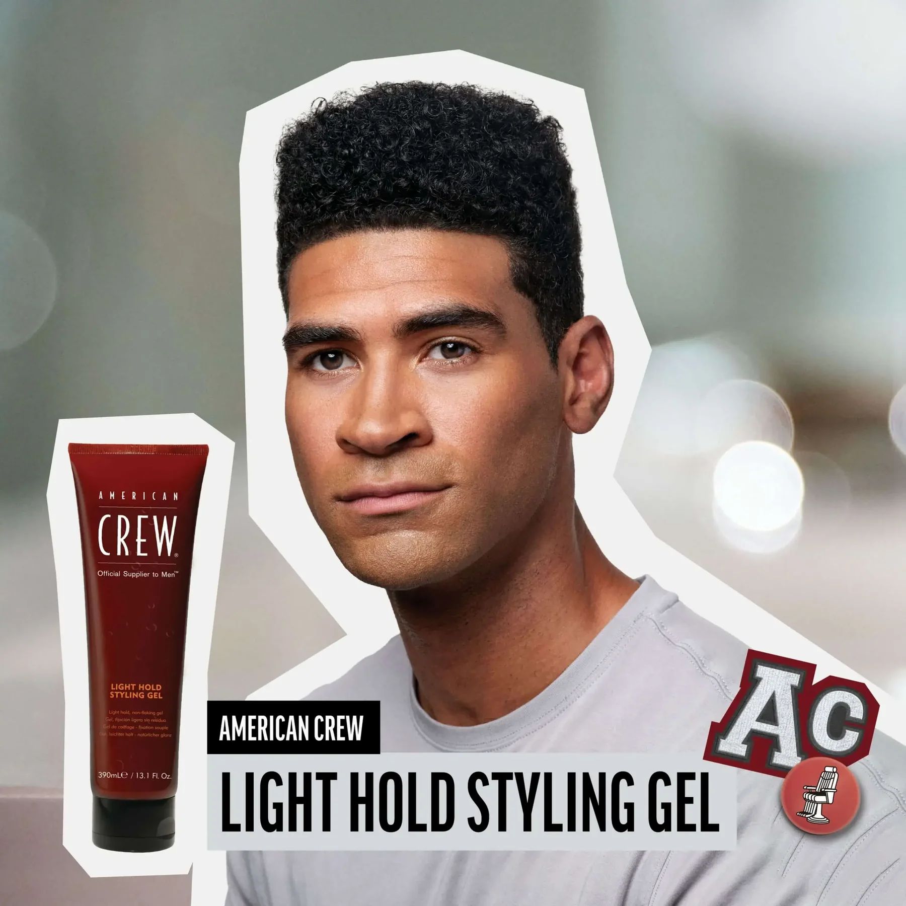 Mann mit Frisur, neben Produkt. Produkt: American Crew Light Hold Styling Gel. Logo AC.