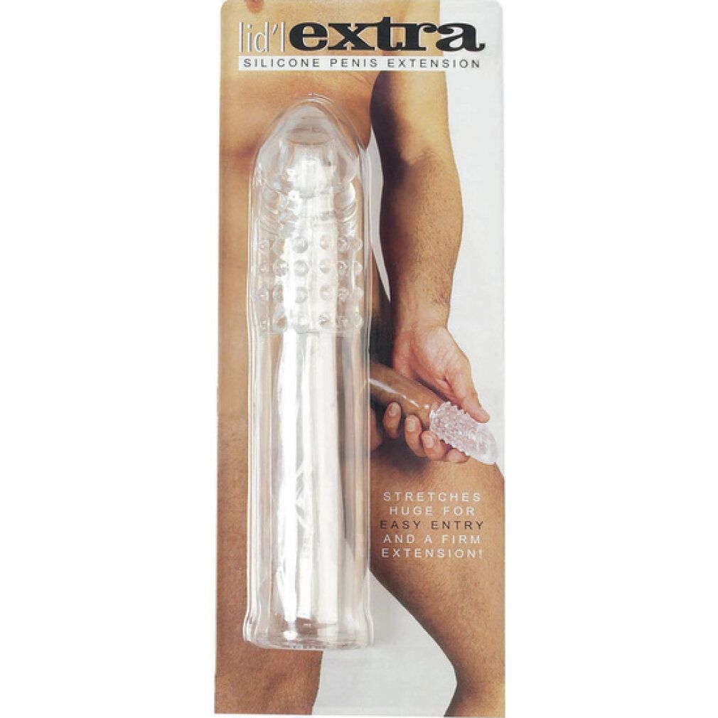 Verpackung mit Penisverlängerung aus Silikon. Produktname: lidl extra. Transparentes Produkt, Mann im Hintergrund.