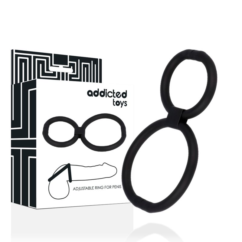 Ein schwarzer, verstellbarer Ring für den Penis, geformt wie eine Acht, neben seiner Verpackung.
