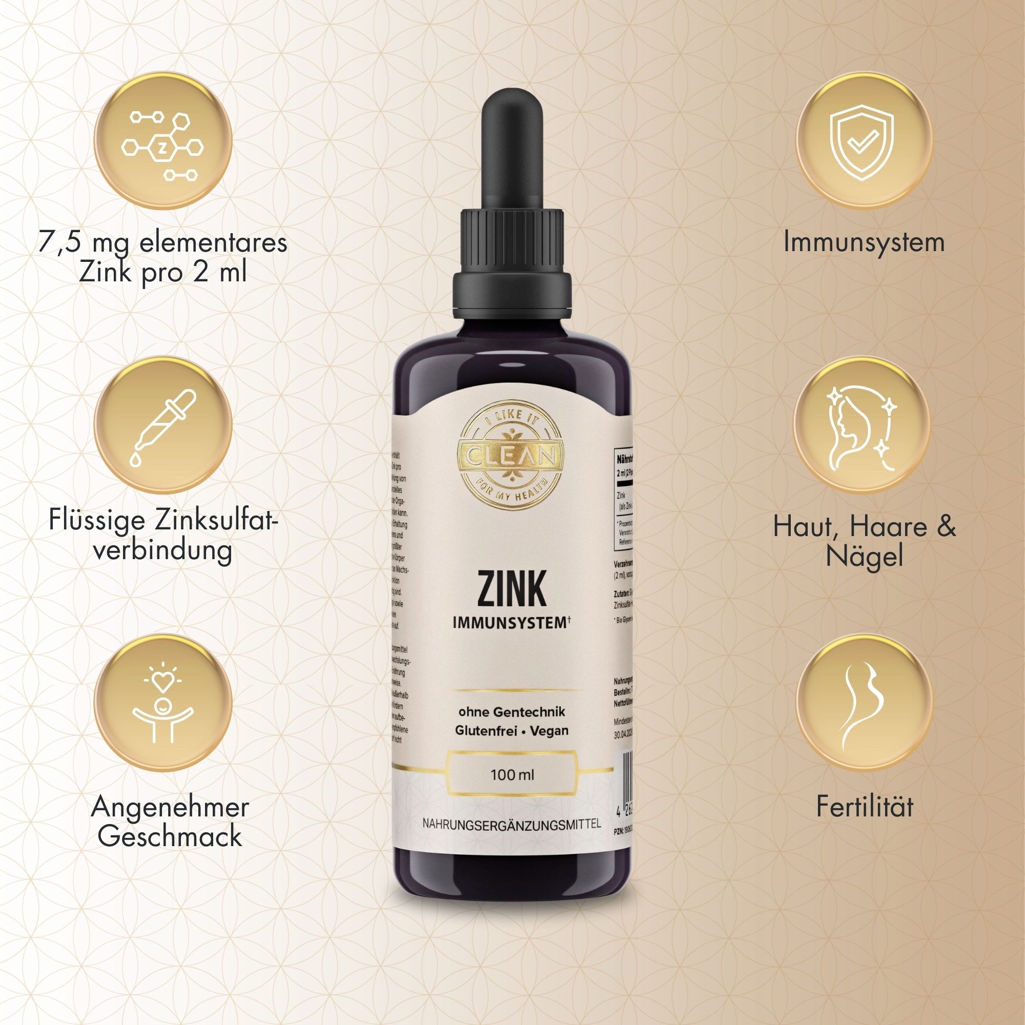 Braune Flasche mit schwarzem Deckel und Pipette. Beschriftung: Zink, Immunsystem. Zusätzliche Informationen und Icons.