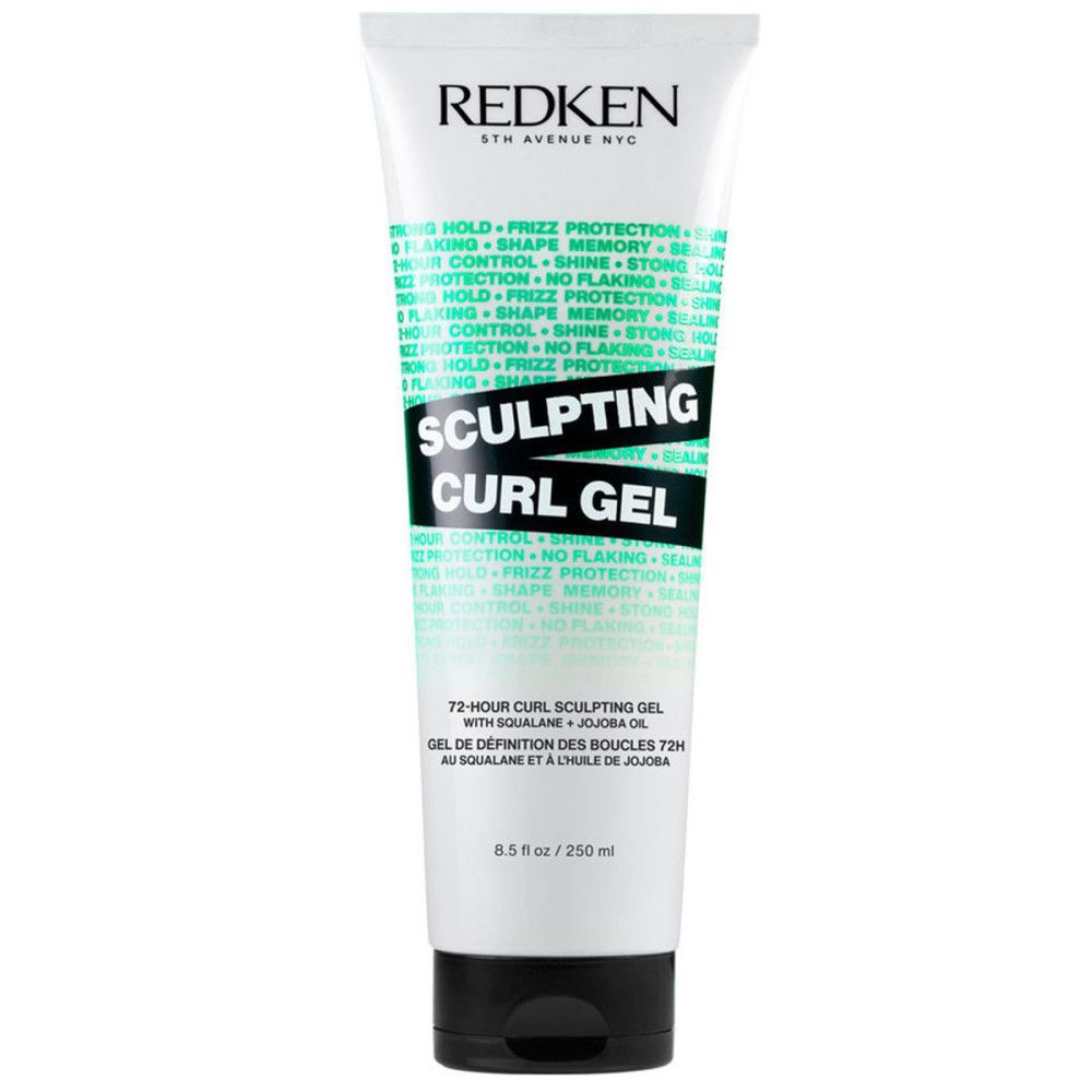 Weiß-grüne Tube mit schwarzem Deckel. Aufschrift: Redken, Sculpting Curl Gel. 8.5 fl oz / 250 ml.