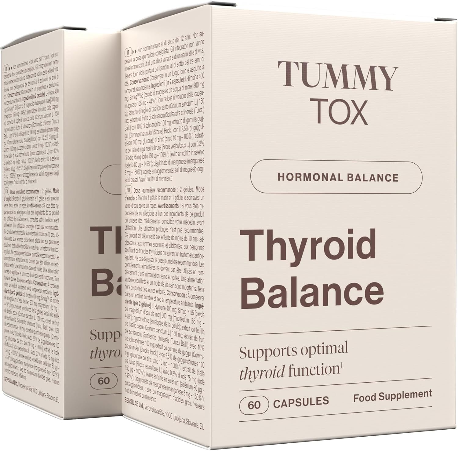 Zwei Kartons mit "Tummy Tox Thyroid Balance". Aufschrift: Hormonelles Gleichgewicht, 60 Kapseln, Nahrungsergänzungsmittel.