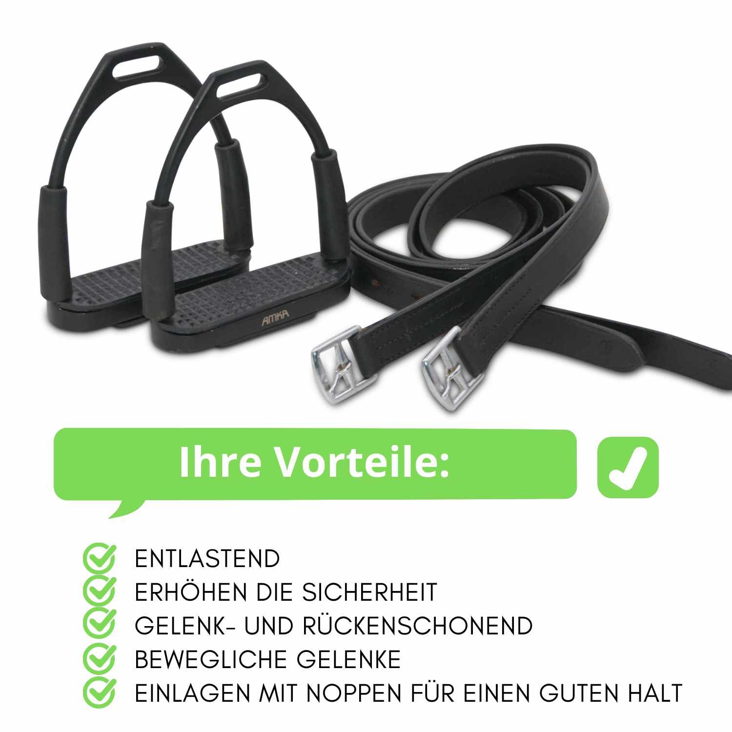Schwarze Steigbügel mit Steigbügelriemen. Text: Ihre Vorteile: Entlastend, Erhöhen die Sicherheit, Gelenk- und rückenschonend, Bewegliche Gelenke, Einlagen mit Noppen.