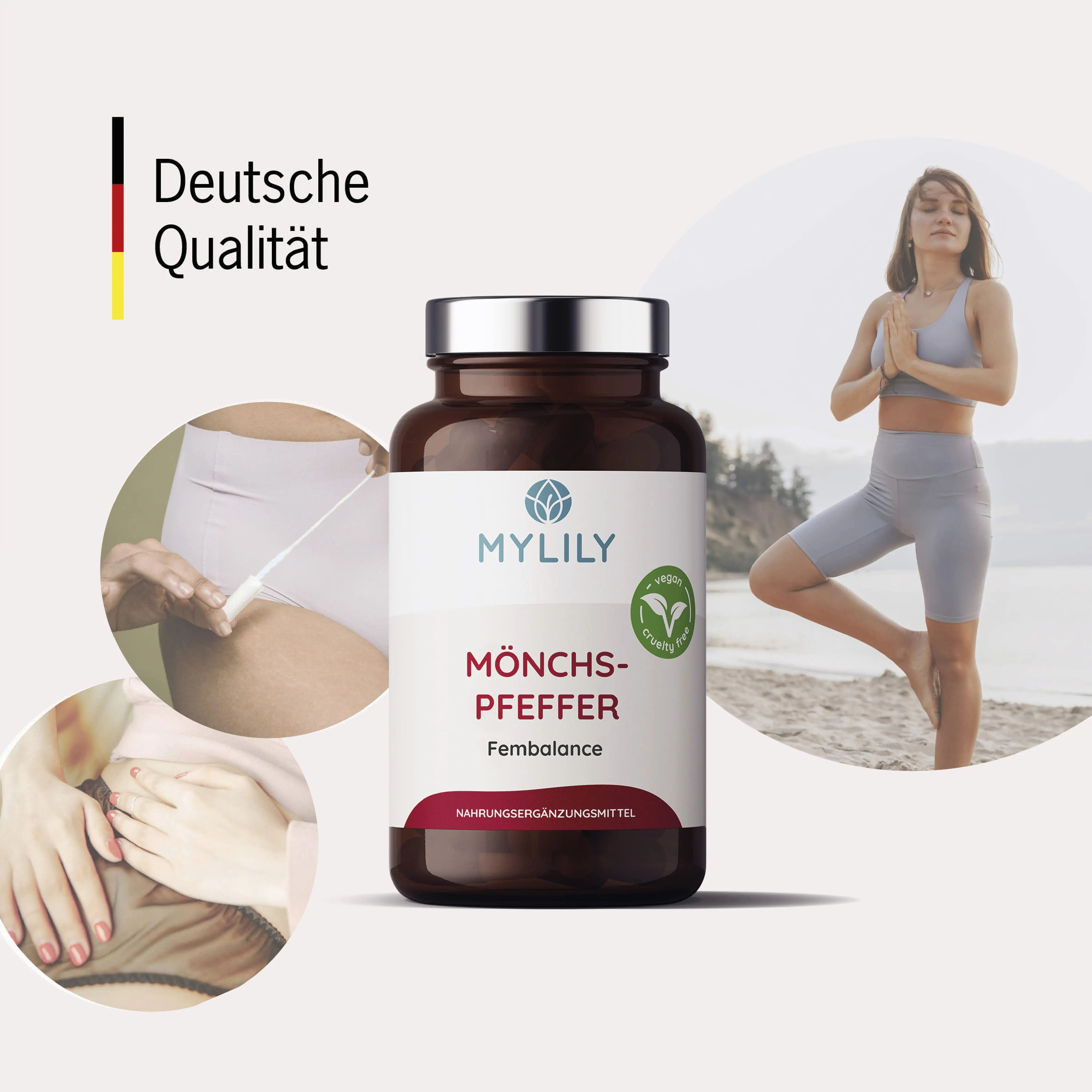 Produktflasche mit MYLILY-Logo. Zusätzliche Bilder: Frau beim Yoga, Frau mit Tampon, Hände auf Bauch. Deutsche Qualität.