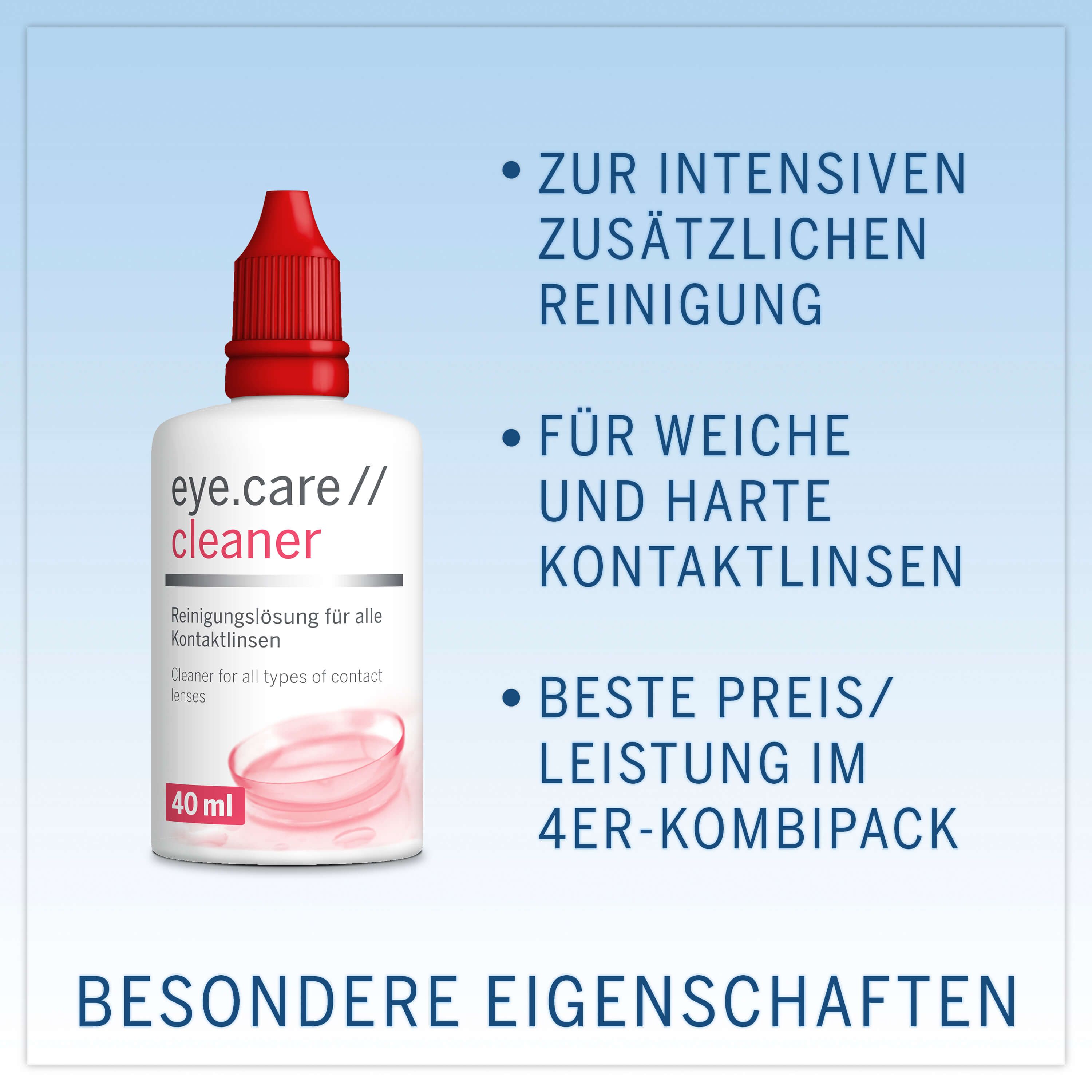 Reinigungslösung für Kontaktlinsen in einer weißen Flasche mit rotem Verschluss. Text: eye.care // cleaner, 40 ml.