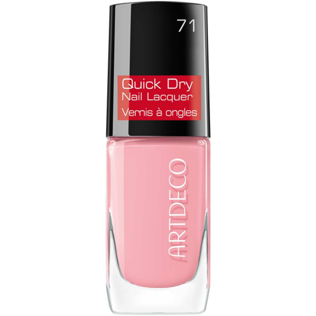 Artdeco Quick Dry Nail Lacquer, rosa. Schwarzer Deckel, rotes Etikett mit Produktinformationen. Nummer 71.