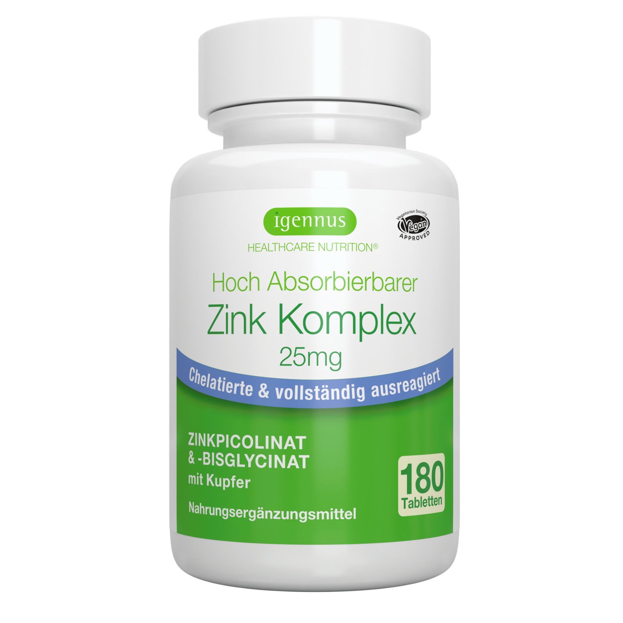 Igennus Zink Komplex 25mg, 180 Tabletten in weißem Behälter.