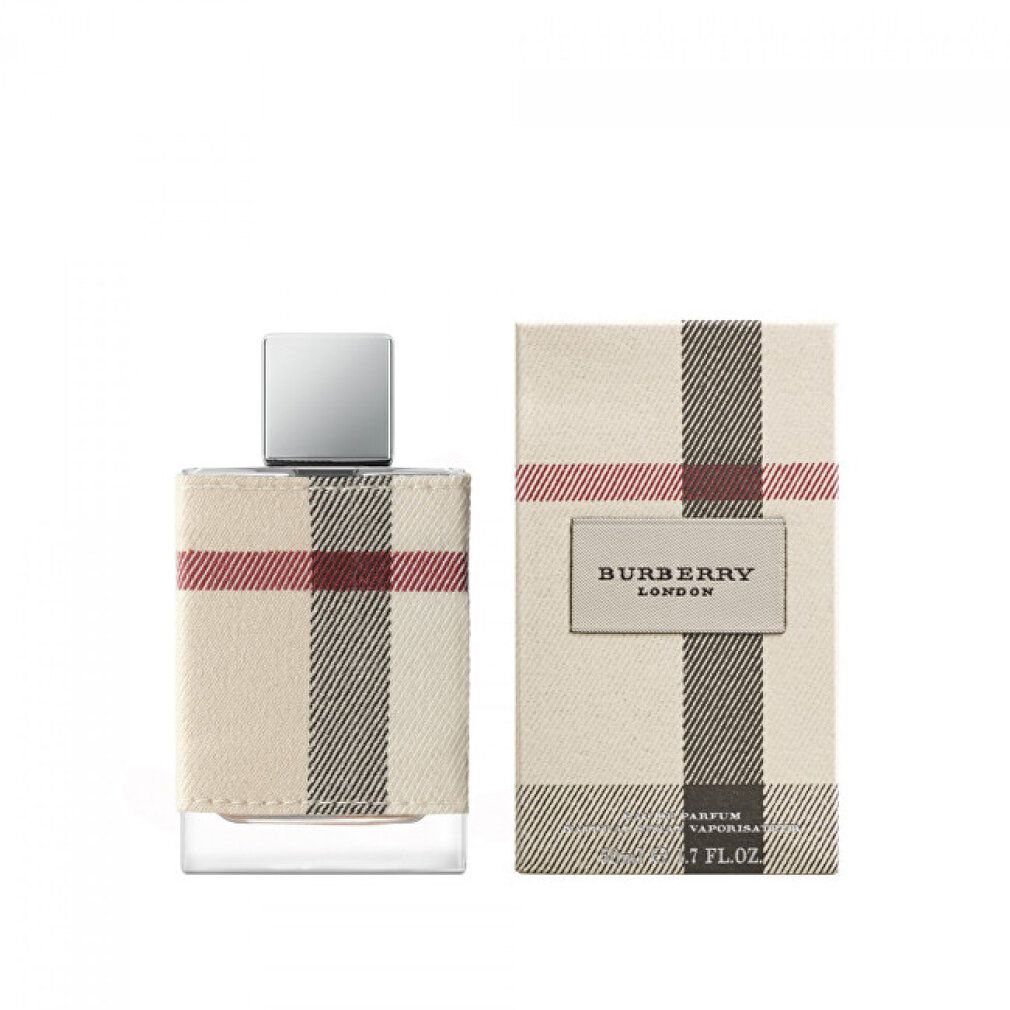 Burberry London Eau de Parfum Flakon und Verpackung. Flakon mit Burberry-Karo-Muster. Silberner Deckel.