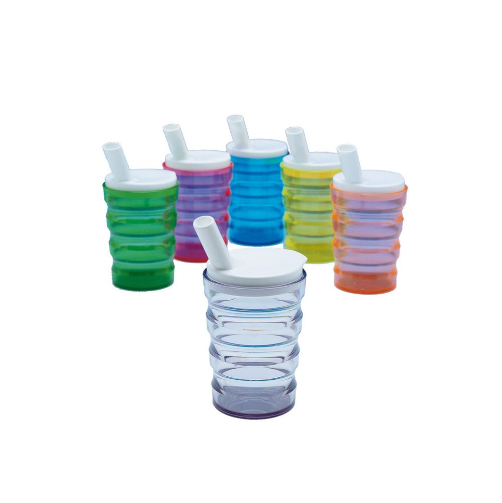 Mehrfarbige Trinkbecher mit ergonomischem Griff und Deckel mit Trinkhalm. Verschiedene Farben: Grün, Lila, Blau, Gelb, Orange und Transparent.