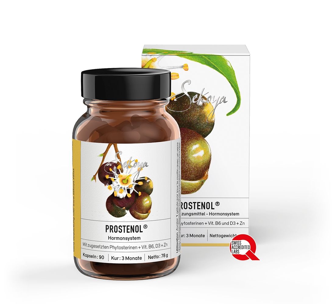 Braune Glasflasche und Schachtel mit Sekoya Swiss Prostenol. Kapseln, 90 Stück. Swiss Quality Logo. Aufschrift: Prostenol, Hormonsystem.