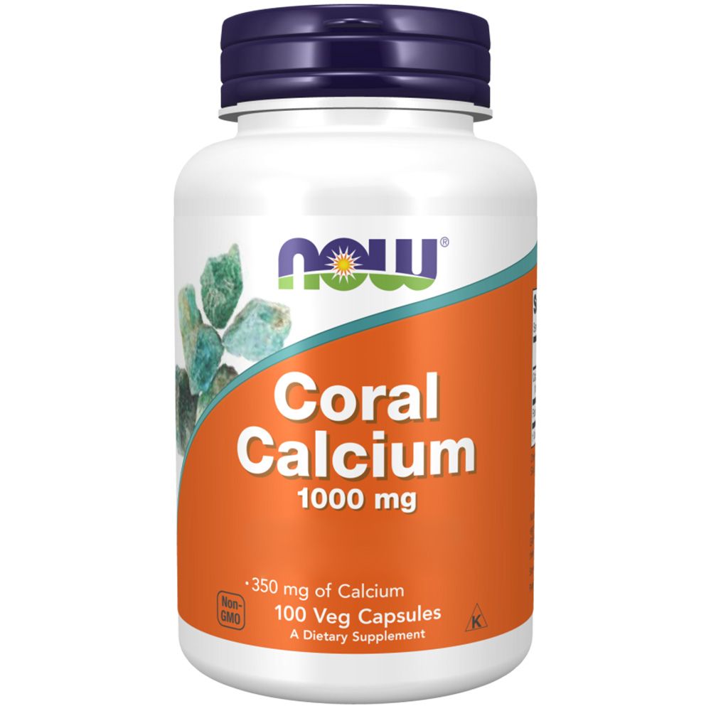 Weiße Flasche mit blauem Deckel. Orangefarbenes Etikett mit "NOW" Logo und "Coral Calcium 1000 mg".