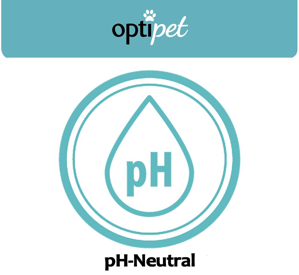Blaues Logo mit pH-Tropfen-Symbol. Text: pH-Neutral. Optipet Logo oben.