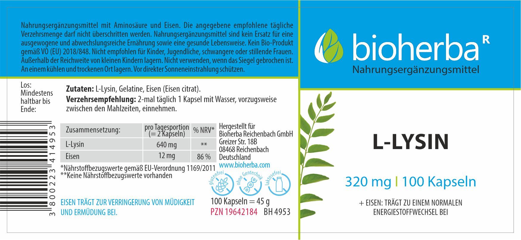 Etikett mit Produktinformationen. Enthält L-Lysin und Eisen. Text: Bioherba, L-Lysin 320 mg, 100 Kapseln. Zutaten, Verzehrempfehlung.