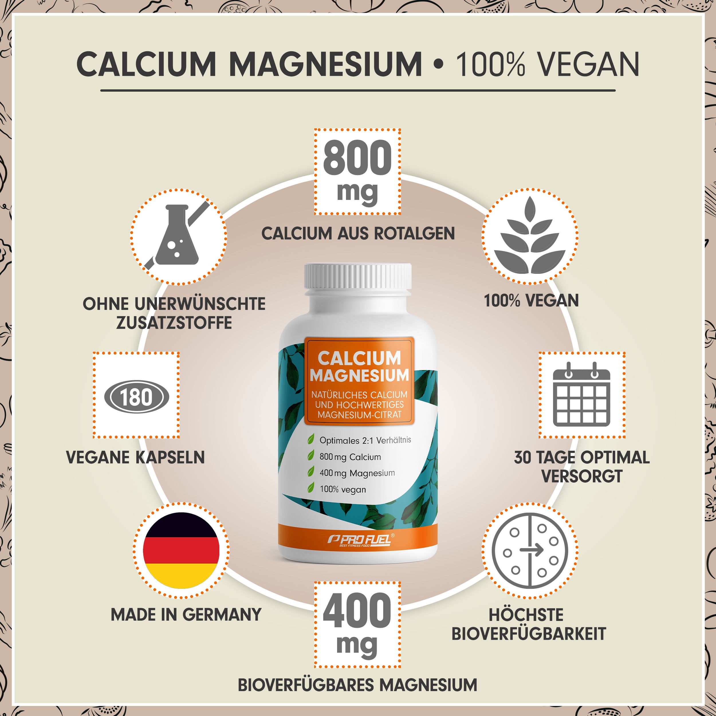 Weiße Kapseln in einer Flasche. Enthält 800mg Calcium und 400mg Magnesium. 180 vegane Kapseln. Hergestellt in Deutschland.