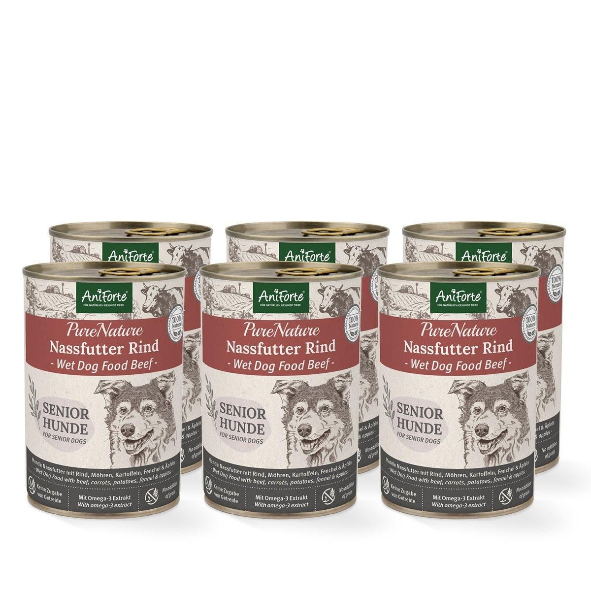 Sechs Dosen Nassfutter für Hunde. Aufschrift: Aniforte PureNature Nassfutter Rind, Senior Hunde. Abbildung eines Hundes.