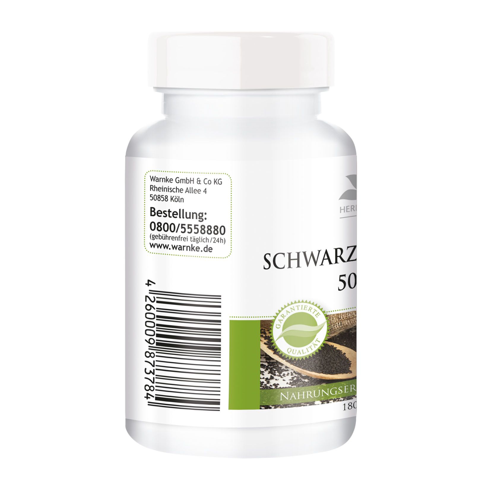 Rückseite der weißen Kapsel-Dose. Text: "SCHWARZKÜMMEL-ÖL 500MG". Logo "Herbadirekt". Adress- und Kontaktinformationen.
