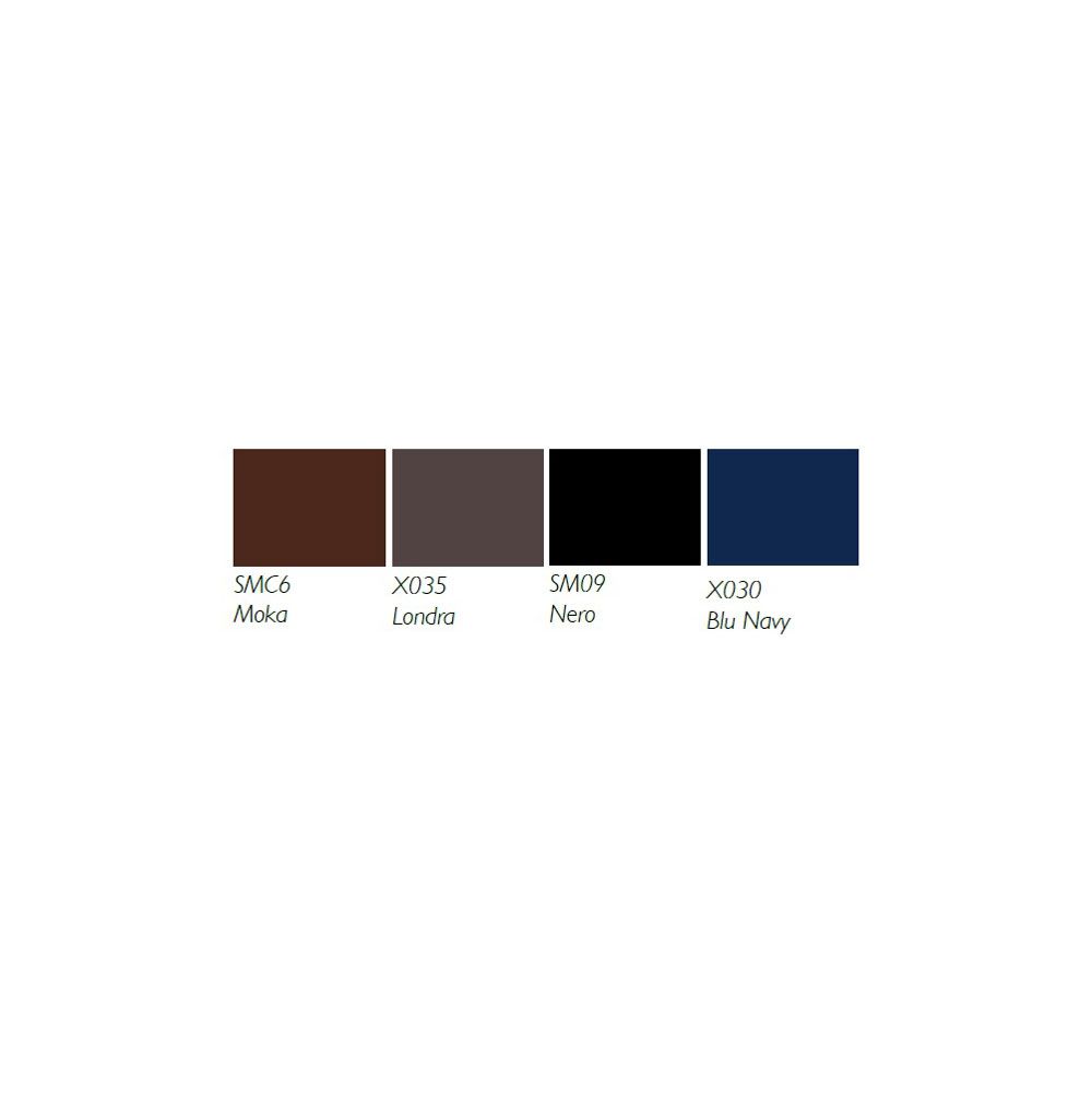 Farbpalette mit vier Farbfeldern: Moka, Londra, Nero, Blu Navy. Jedes Feld hat einen Farbcode und einen Namen.
