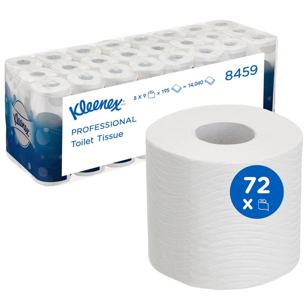 Toilettenpapierrollen. Eine Packung mit Rollen und eine einzelne Rolle. Auf der Packung steht Kleenex Professional. Auf der Rolle steht 72.