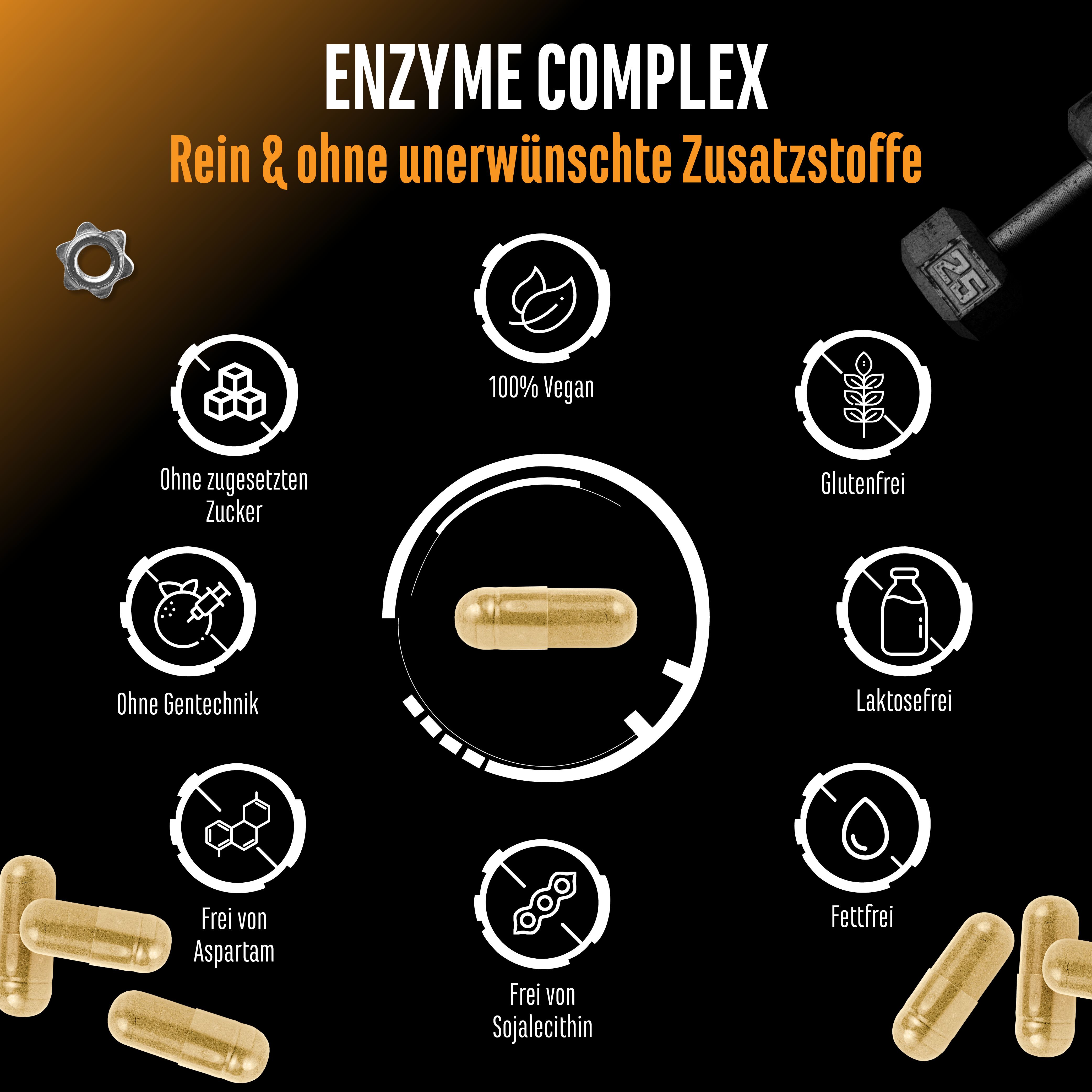 Kapseln mit Aufschrift "ENZYME COMPLEX". Ohne Zucker, Gentechnik, Aspartam, Sojalecithin, Gluten, Laktose, Fett. 100% vegan.