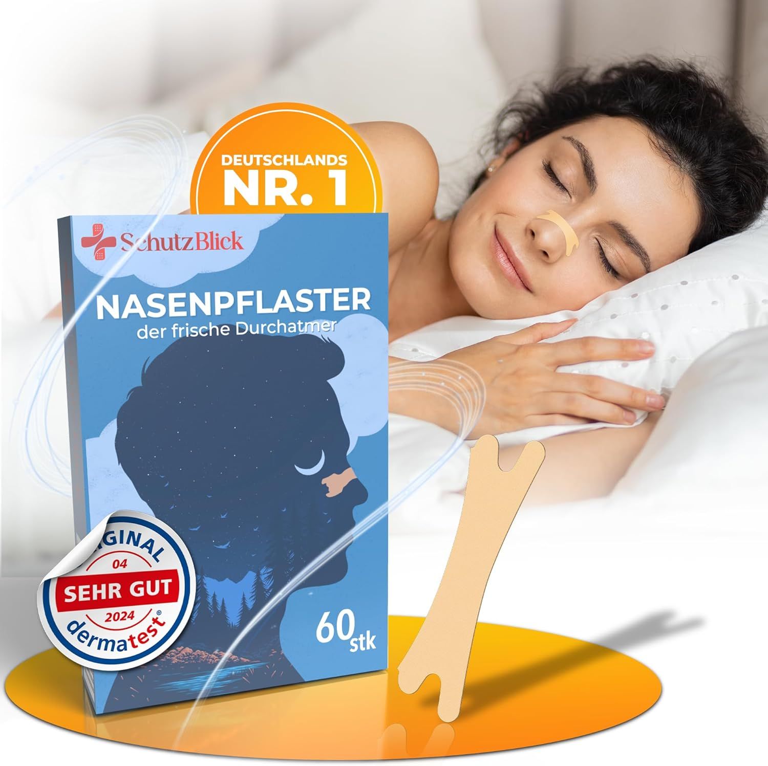 Produktverpackung und Frau schläft mit Nasenpflaster. Verpackung: blau, mit Produktname, Logo, 60 Stück. Text: Deutschlands Nr. 1, Original, sehr gut.