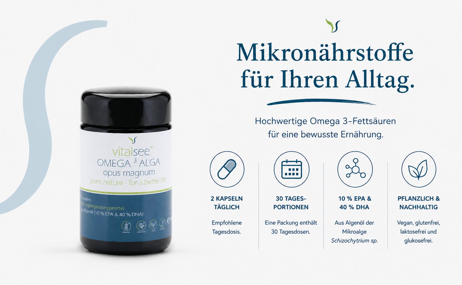 Vitalsee OMEGA 3 ALGA opus magnum Behälter mit Icons für tägliche Einnahme und Inhaltsstoffen.