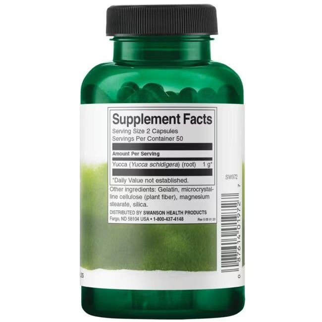 Rückseite der grünen Flasche. Aufschrift: Supplement Facts. Yucca (Wurzel) 1g. Weitere Inhaltsstoffe: Gelatine, etc. SWANSON HEALTH PRODUCTS.