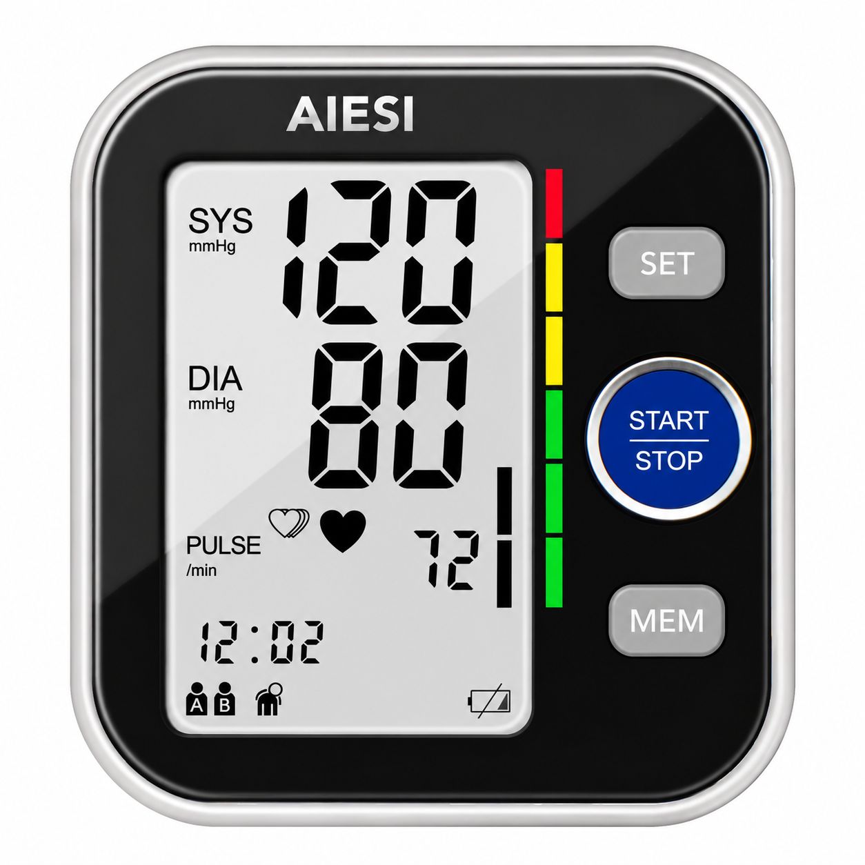 Aiesi Digitaler Oberarm-Blutdruckmesser mit LCD-Anzeige, zeigt systolischen und diastolischen Blutdruck sowie Puls an.
