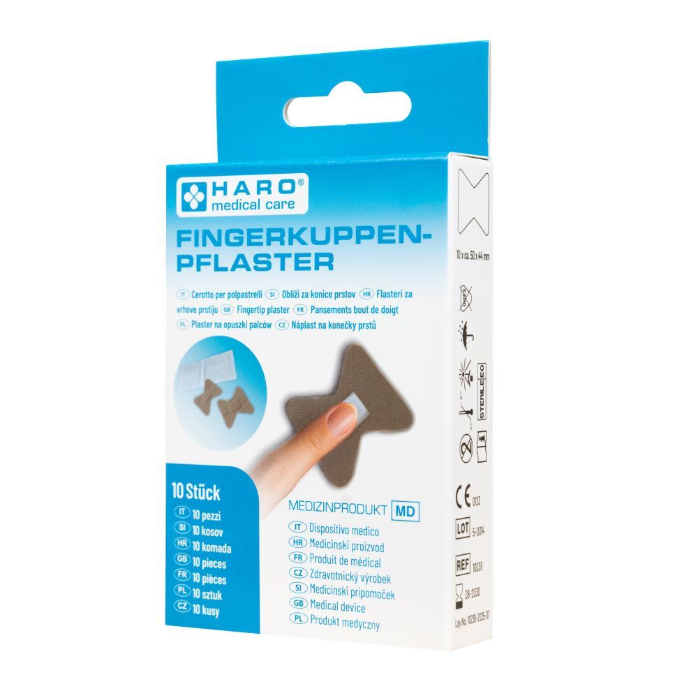 Haro Fingerkuppenpflaster-Verpackung. Pflaster auf Finger abgebildet. 10 Stück. Medizinprodukt.