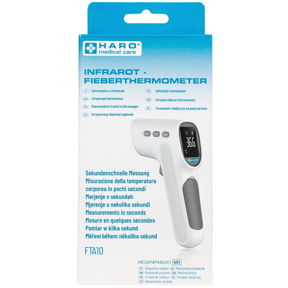 Infrarot-Fieberthermometer in Verpackung. Weißes Gerät mit Display, drei Knöpfen und grauem Griff. Text: HARO, Infrarot-Fieberthermometer.