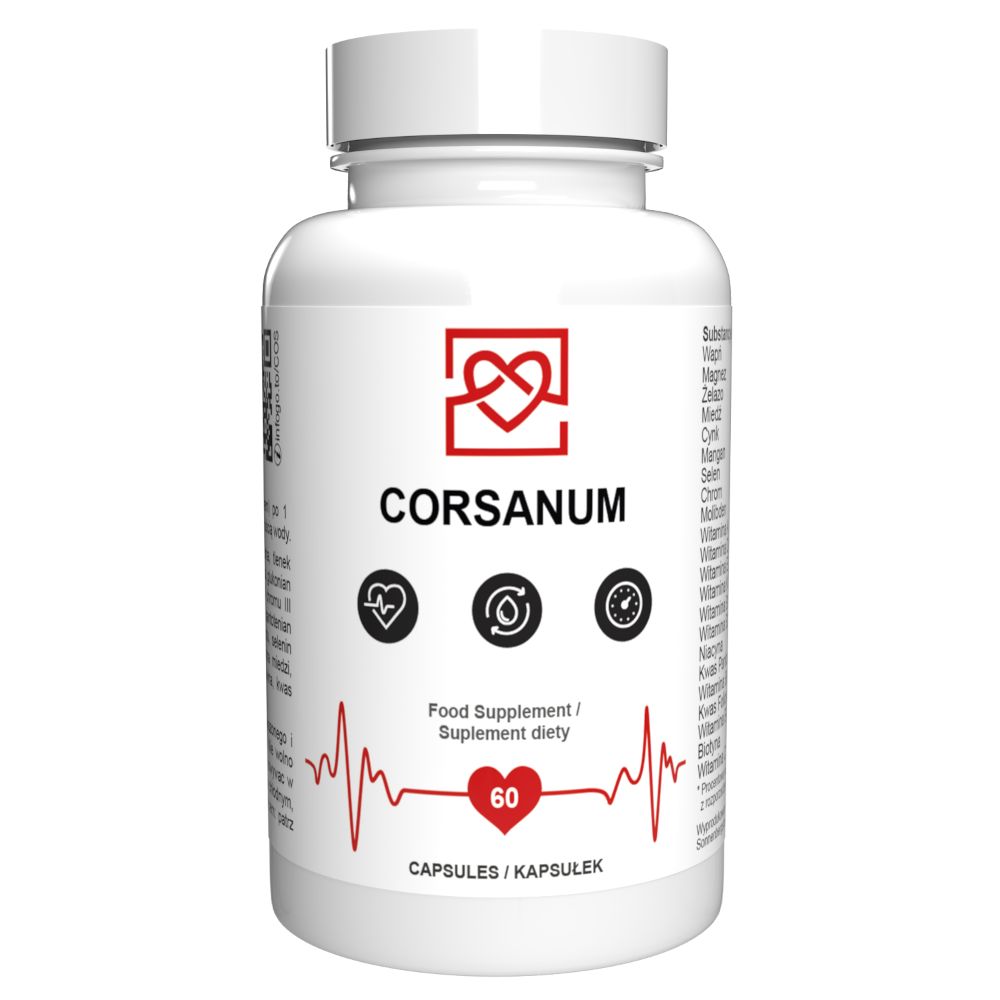 Weiße Kapsel-Dose mit rotem Herz-Logo und Schriftzug CORSANUM. Enthält 60 Kapseln. Aufschrift: Food Supplement.