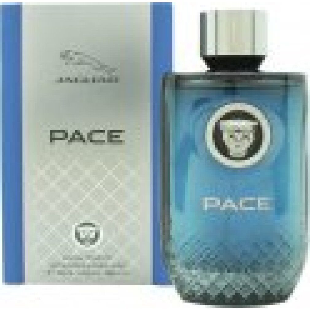 Blaues Eau de Toilette-Spray mit silbernem Deckel und Logo. Rechteckige Flasche und Verpackung mit Jaguar-Logo und Schriftzug PACE.