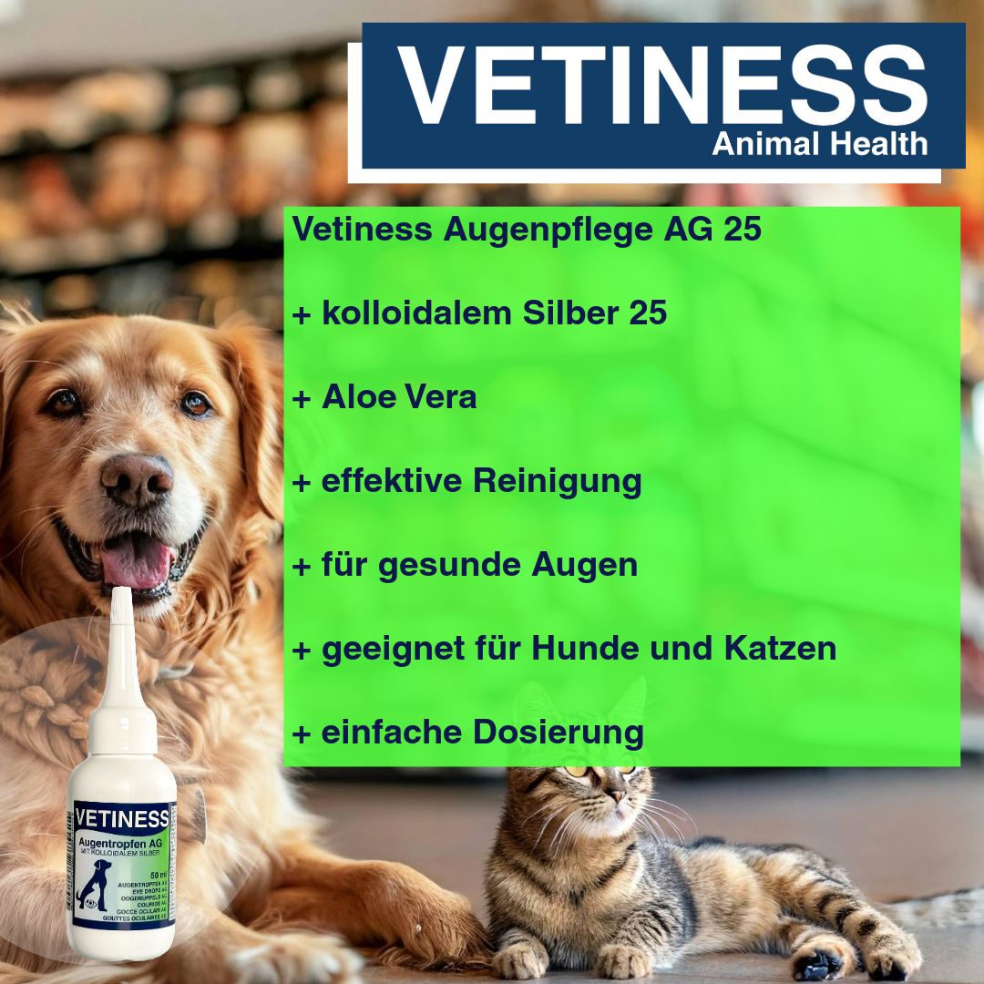 Weißes Fläschchen mit Tropfspitze. Text: Vetiness, Augenpflege AG. Hund und Katze neben dem Produkt. Text auf grünem Hintergrund.