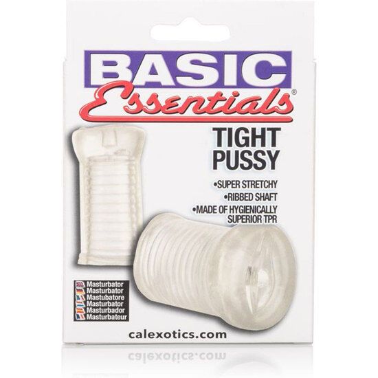 Verpackung mit Produktabbildung. Text: BASIC Essentials, TIGHT PUSSY, Calexotics. Produkt: gerippter Masturbator.
