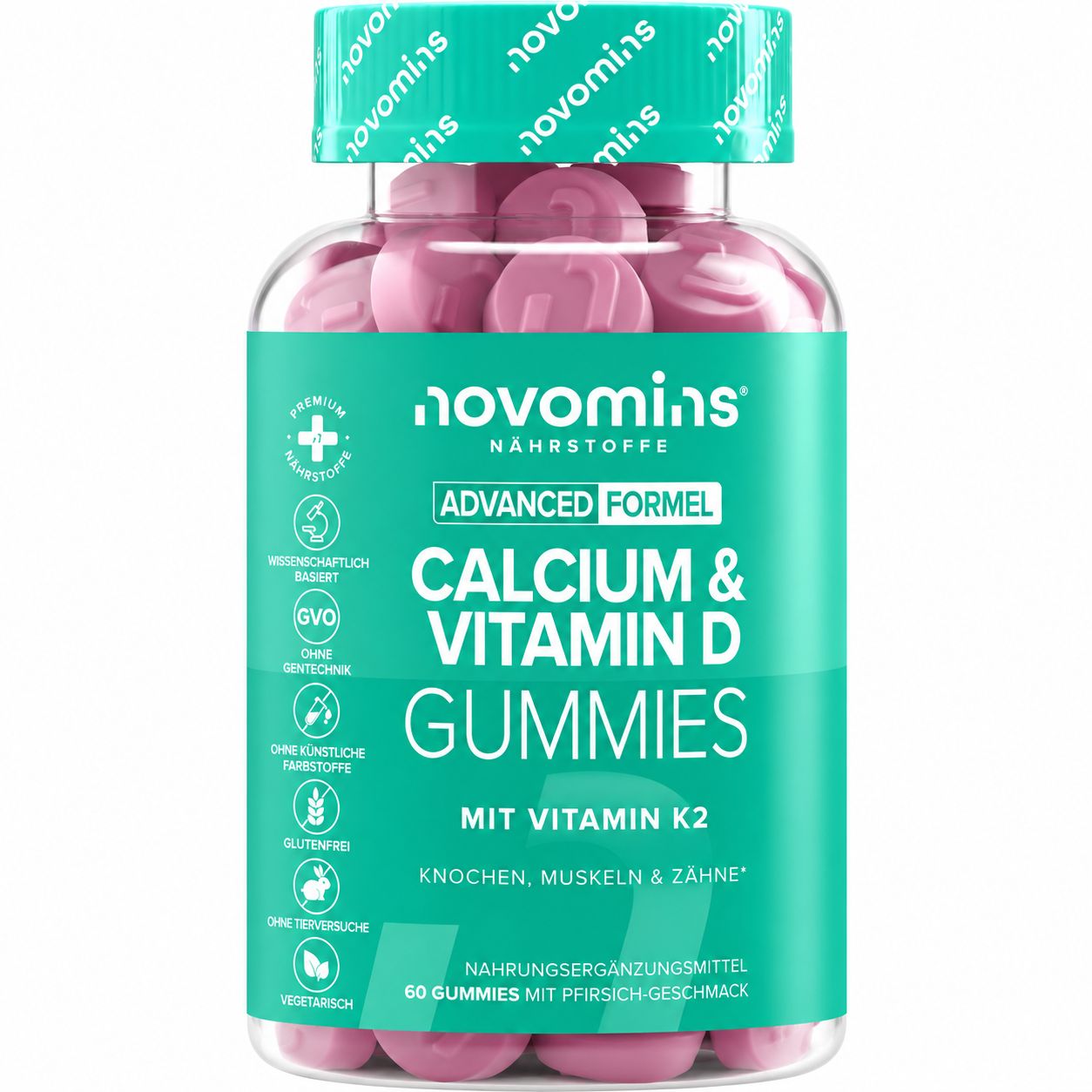 Flasche mit Novomins Kalzium & Vitamin D Gummis mit K2, 60 Stück.