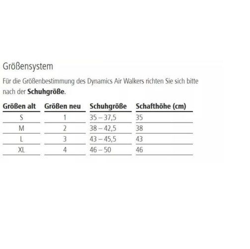 Größentabelle für Air Walker. Größen S, M, L, XL. Schuhgrößen 35-50. Schafthöhen 35-46 cm.
