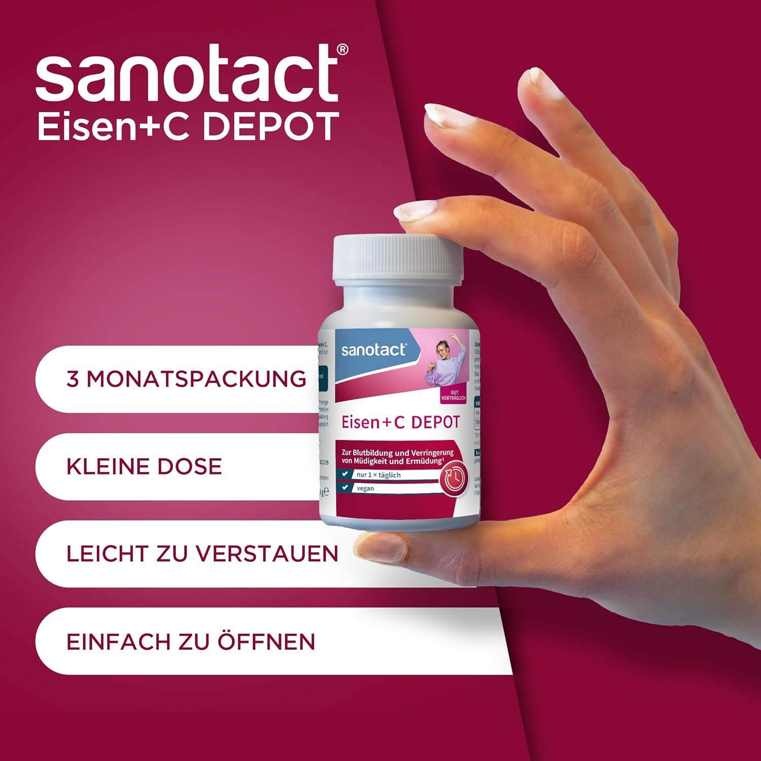 Hand hält Flasche sanotact Eisen+C Depot. Text: 3 Monats-Packung, kleine Dose, leicht zu verstauen, einfach zu öffnen.