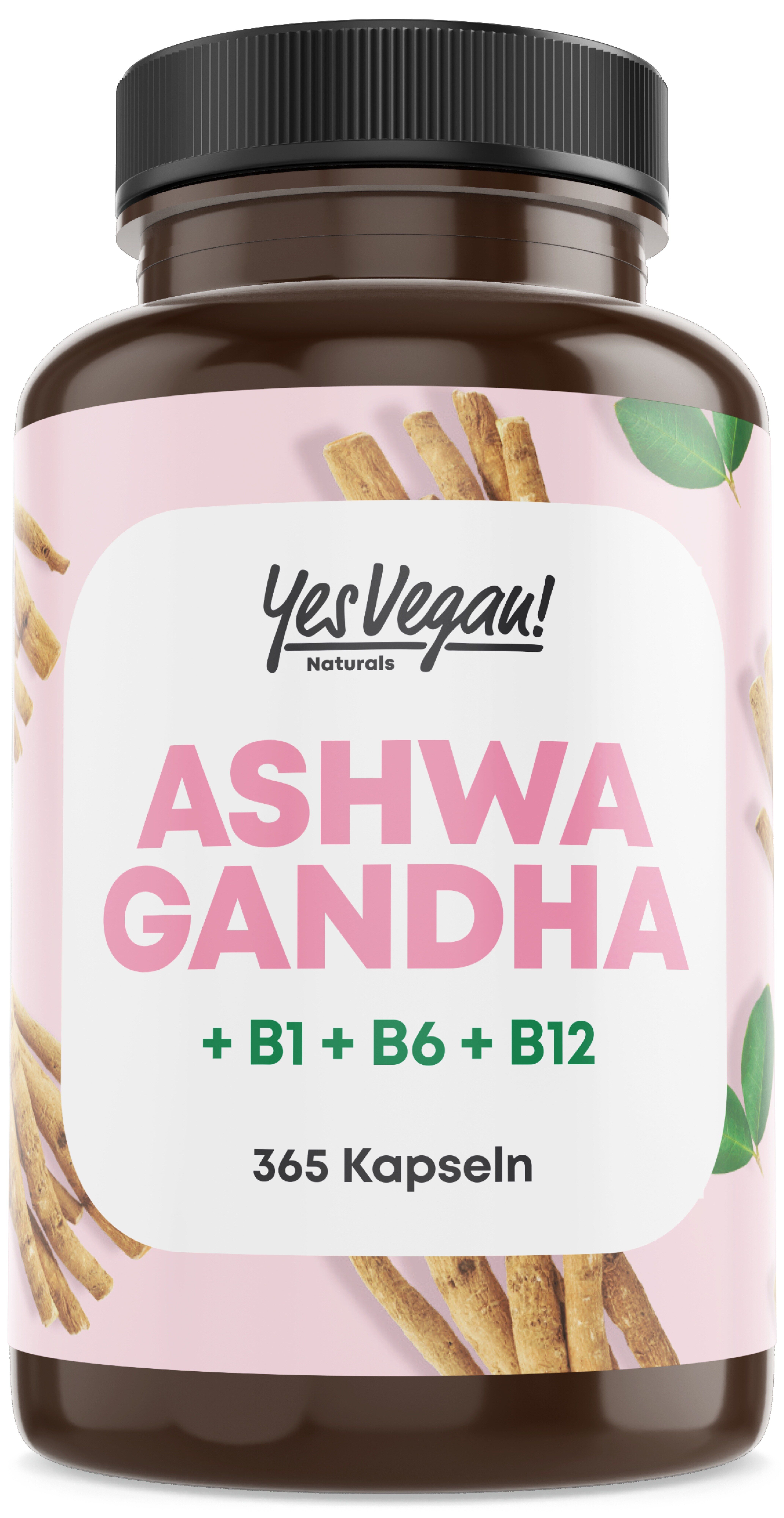 Flasche Yes Vegan Ashwagandha mit 365 Kapseln. Rosa Etikett mit Ashwagandha-Wurzeln.