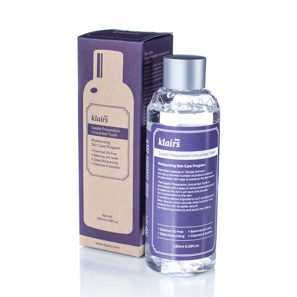 Transparente Flasche und Verpackung. Aufschrift: Dear Klairs Supple Preparation Unscented Toner. 180 ml. Mit Schraubverschluss.