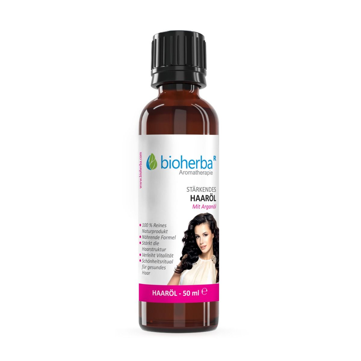 Braune Glasflasche Bioherba Haaröl mit Argan, schwarzer Verschluss. Etikett mit Produktinfo und Frau mit langen Haaren. 50 ml.