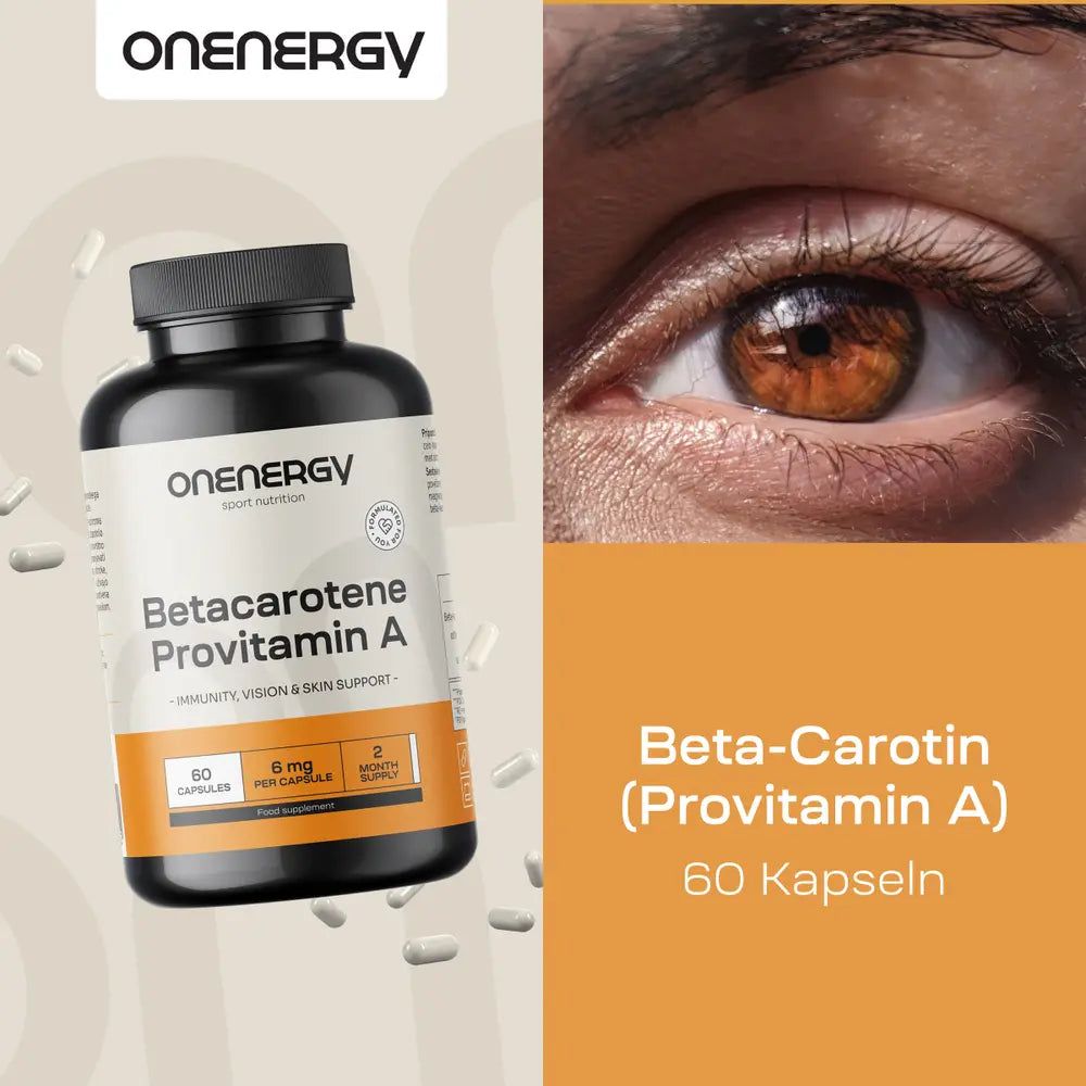 Dose OnEnergy Betacaroten und ein menschliches Auge, das auf das Produkt blickt.